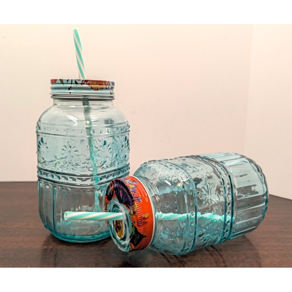 Pioneer Woman Set of 2 Teal Glass Mason Jar Mugs Floral Lids Straws 32oz